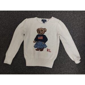 Polo Ralph Lauren Sweater Girls Size 6 White Polo Bear Flag USA Knit Pullover